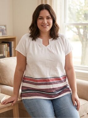 Talbots White Short-Sleeve Tunic with Red and Navy Stripe Hem, XLP , P2P: 23”